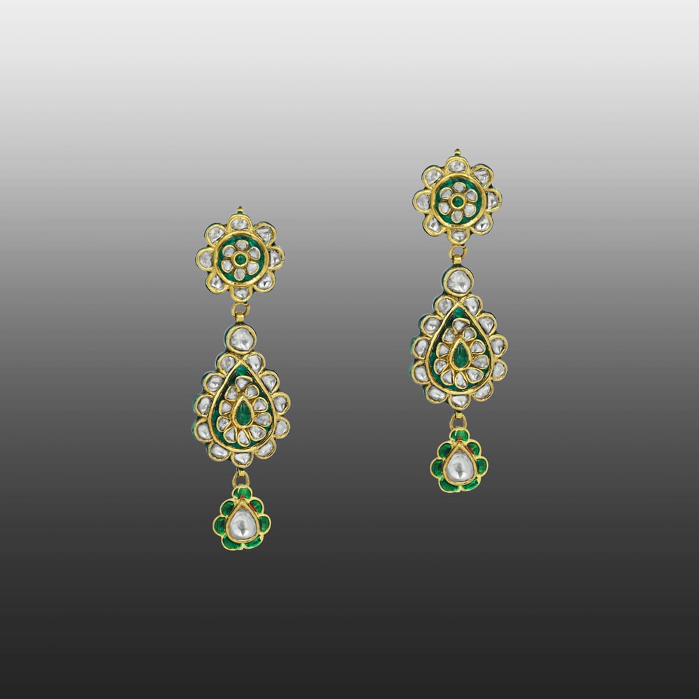 Teardrop Polki Earrings with Green Enamel and Floral Accents